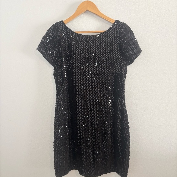 White House Black Market Black Sequin Open Back Holiday Party Dress Size M - Picture 3 of 8